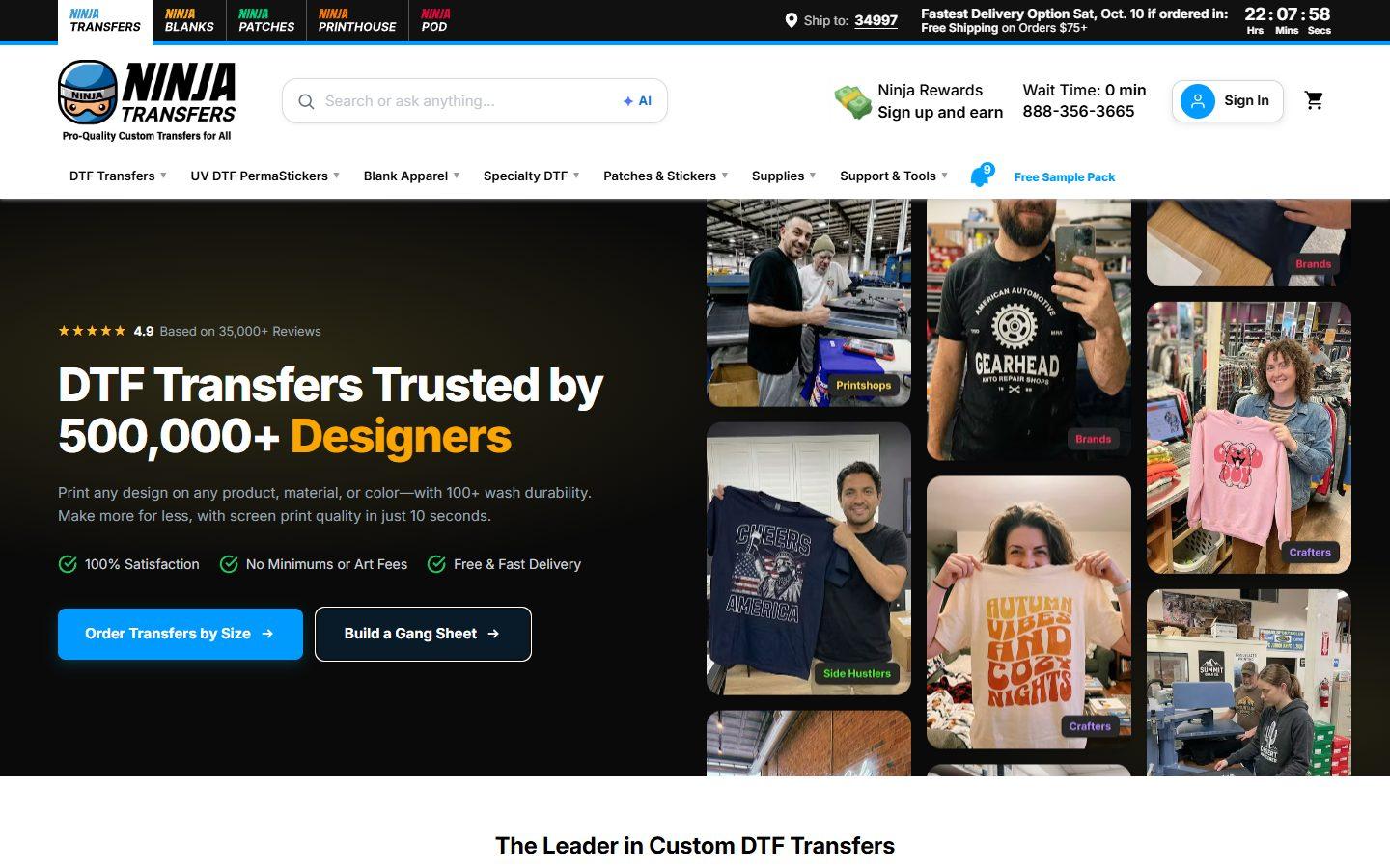 Screenshot of the Ninja Transfers home page