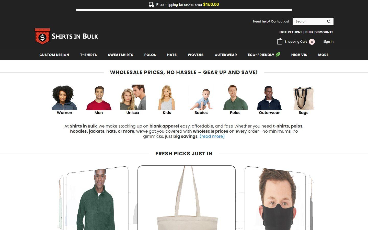 Screenshot of the ShirtsInBulk.com home page